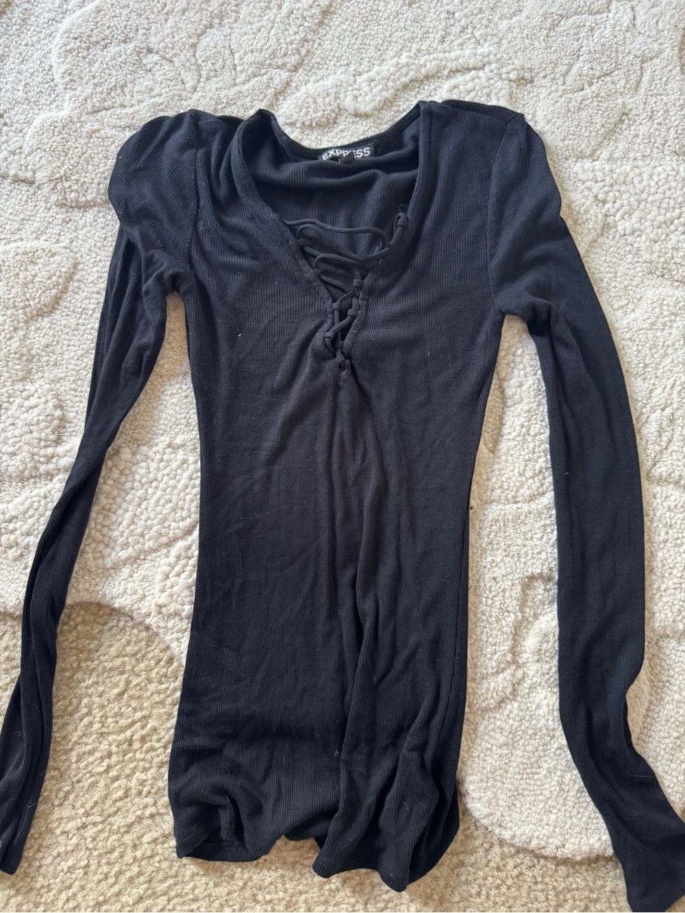 Express Black Lace-Up Ribbed Long Sleeve Top